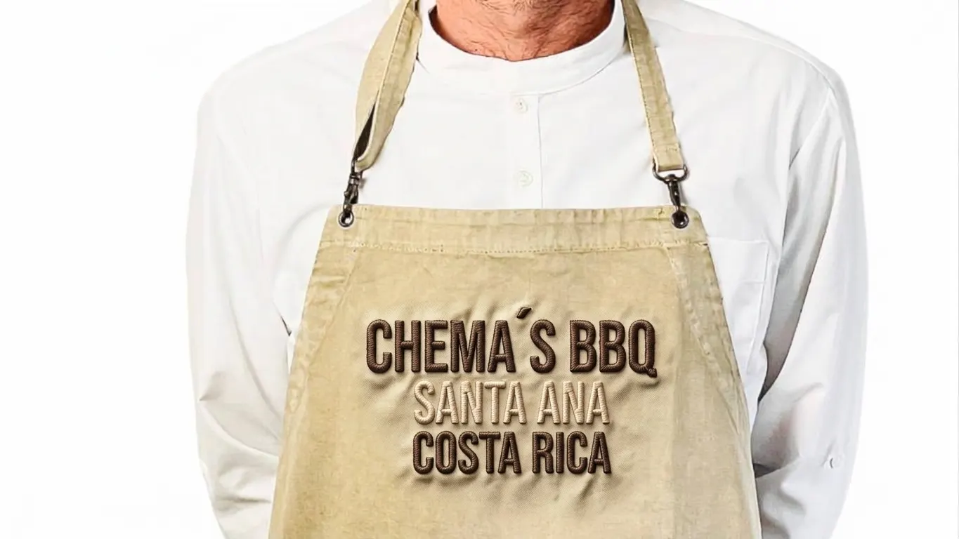 Delantal de cocina color arena con el texto «Chema´s BBQ, Santa Ana, Costa Rica» bordado en hilo café