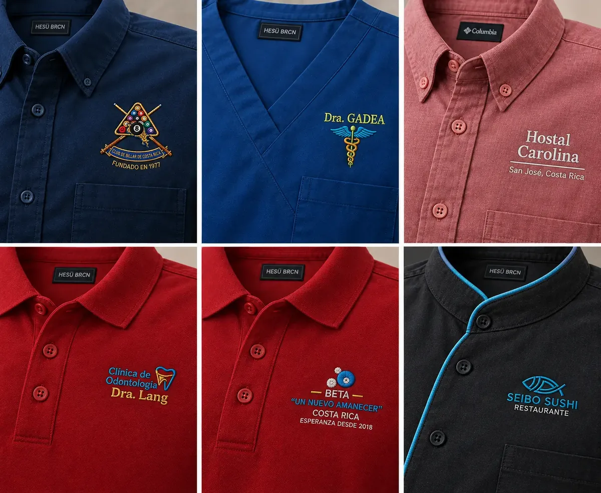 Seis camisas y polos con logotipos bordados: un club de billar, un uniforme clínico, un restaurante, una clínica odontológica, una fundación y un restaurante de sushi