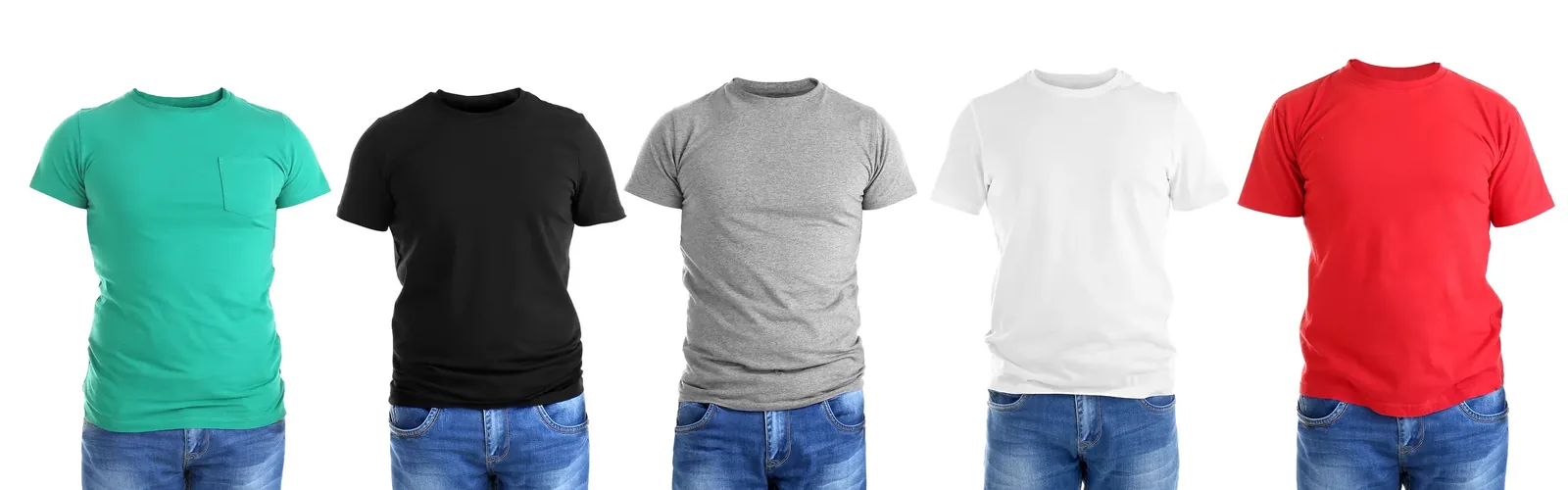 Cinco camisetas lisas de manga corta en verde, negro, gris, blanco y rojo, vistas de frente